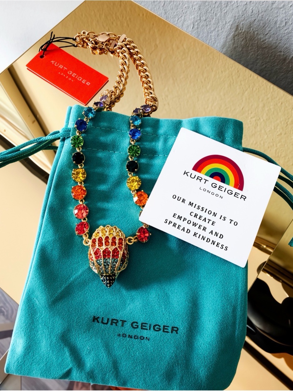 NWT Kurt Geiger London Rainbow Crystal Heart Necklace Gold Tone Colorful